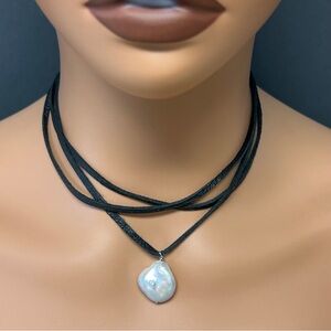 Erica Lyons Black Leather Multi-Stranded Pearl Collar Necklace